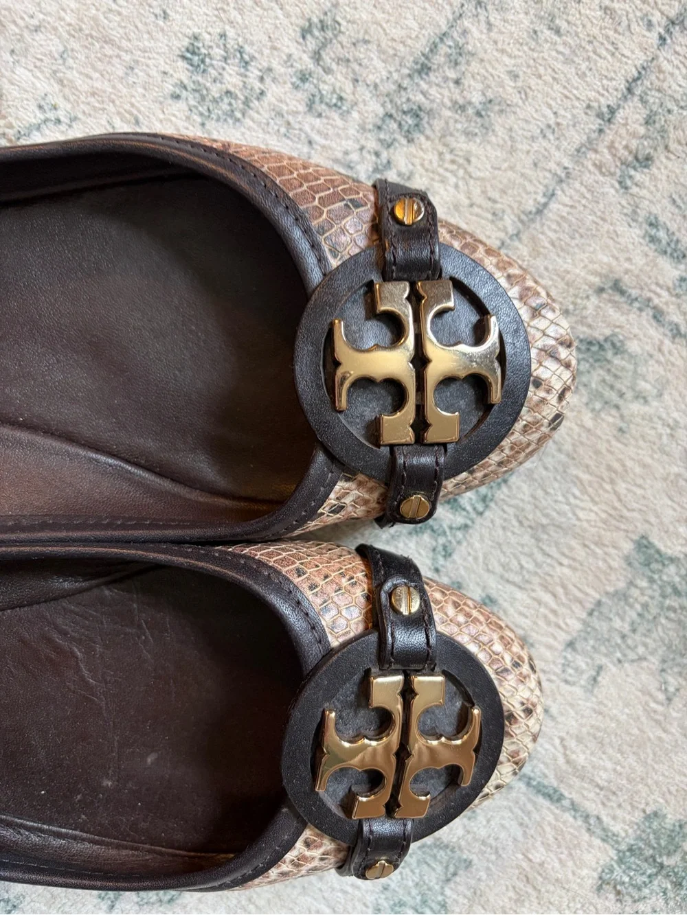 Tory Burch Brown Snakeskin-Print Leather Logo Ballet Flats